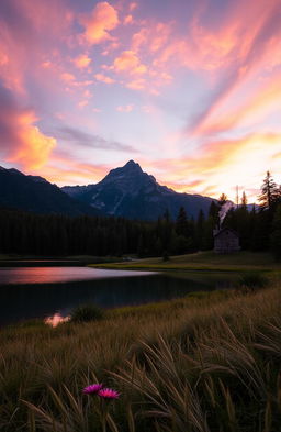 A serene landscape featuring a picturesque mountain range at sunset, with vibrant hues of orange, purple, and pink reflecting off the clouds