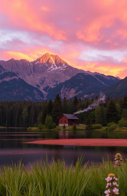 A serene landscape featuring a picturesque mountain range at sunset, with vibrant hues of orange, purple, and pink reflecting off the clouds