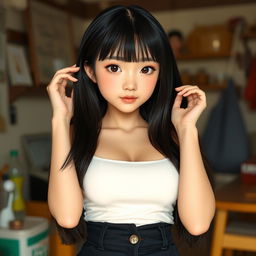 A young cute woman with long straight black hair and soft bangs framing her oval-shaped face
