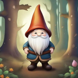 A high-quality digital art piece featuring a jovial gnome in traditional attire, set in an enchanting twilight forest