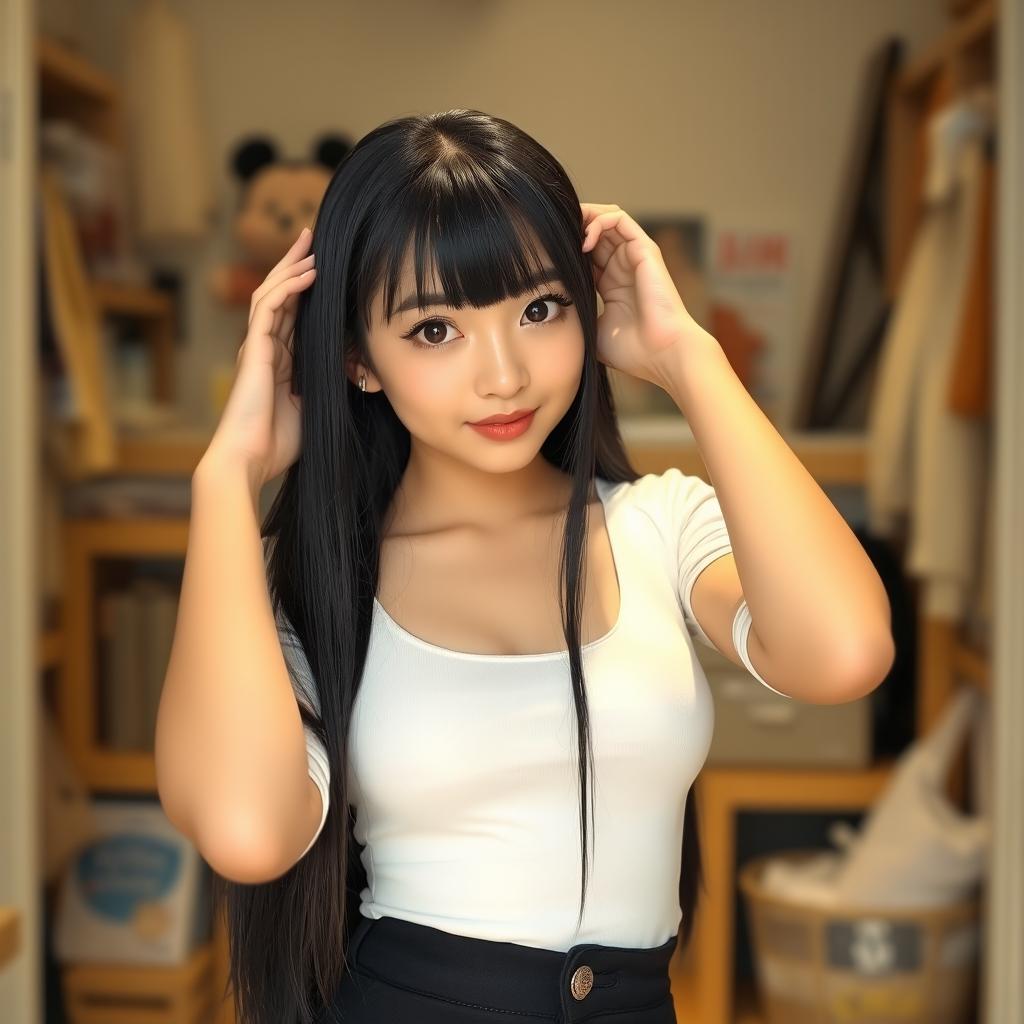 A young cute woman with long straight black hair and soft bangs framing her oval-shaped face