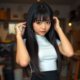 A young cute woman with long straight black hair and soft bangs framing her oval-shaped face
