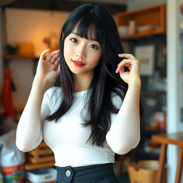 A young cute woman with long straight black hair and soft bangs framing her oval-shaped face