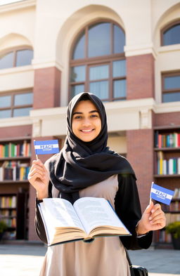A modest hijab girl, smiling warmly, stands in front of a grand school building, holding an open book in one hand and a small peace flag in the other