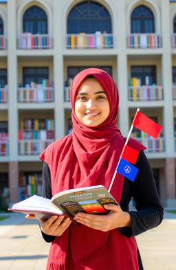 A modest hijab girl, smiling warmly, stands in front of a grand school building, holding an open book in one hand and a small peace flag in the other