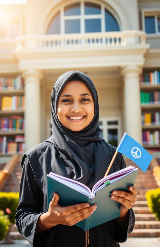 A modest hijab girl, smiling warmly, stands in front of a grand school building, holding an open book in one hand and a small peace flag in the other