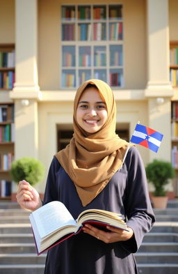 A modest hijab girl, smiling warmly, stands in front of a grand school building, holding an open book in one hand and a small peace flag in the other