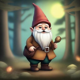 A high-quality digital art piece featuring a jovial gnome in traditional attire, set in an enchanting twilight forest