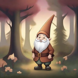 A high-quality digital art piece featuring a jovial gnome in traditional attire, set in an enchanting twilight forest