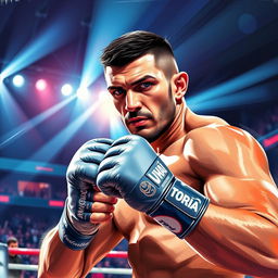 A dynamic and intense portrait of Ilia Topuria, an MMA fighter known for his powerful fighting style