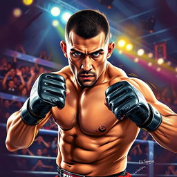 A dynamic and intense portrait of Ilia Topuria, an MMA fighter known for his powerful fighting style