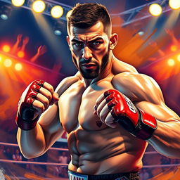 A dynamic and intense portrait of Ilia Topuria, an MMA fighter known for his powerful fighting style