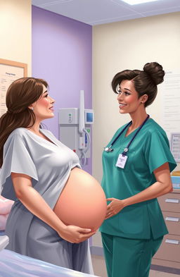 A nurse assisting in an obstetrics and gynecology setting, wearing scrubs, standing next to a pregnant woman in a hospital room
