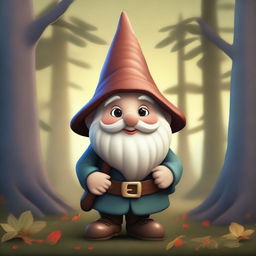 A high-quality digital art piece featuring a jovial gnome in traditional attire, set in an enchanting twilight forest