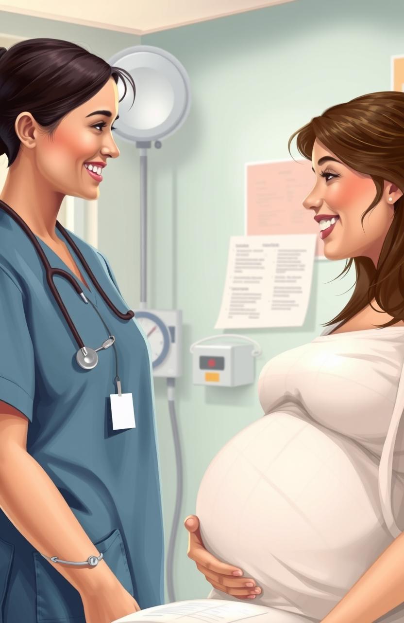 A nurse assisting in an obstetrics and gynecology setting, wearing scrubs, standing next to a pregnant woman in a hospital room