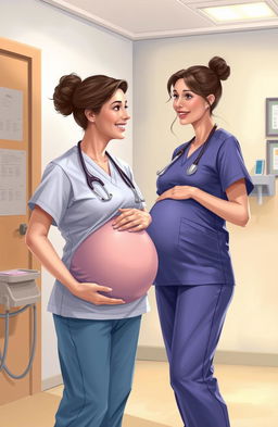 A nurse assisting in an obstetrics and gynecology setting, wearing scrubs, standing next to a pregnant woman in a hospital room
