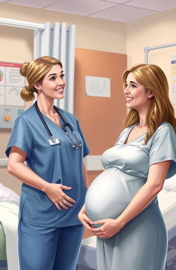A nurse assisting in an obstetrics and gynecology setting, wearing scrubs, standing next to a pregnant woman in a hospital room