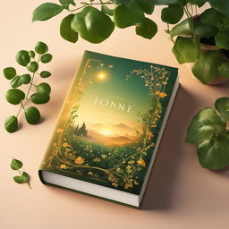 This image depicts a beautifully illustrated book surrounded by lush pot plants and delicate vines, all bathed in the warm glow of golden hour