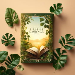 This image depicts a beautifully illustrated book surrounded by lush pot plants and delicate vines, all bathed in the warm glow of golden hour