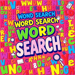 A vibrant and colorful Word Search book cover design, featuring a large, eye-catching title at the top with bold and playful typography
