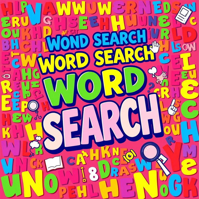 A vibrant and colorful Word Search book cover design, featuring a large, eye-catching title at the top with bold and playful typography