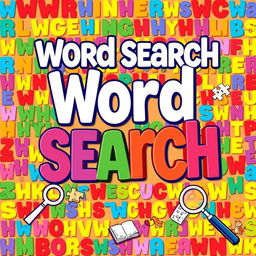 A vibrant and colorful Word Search book cover design, featuring a large, eye-catching title at the top with bold and playful typography
