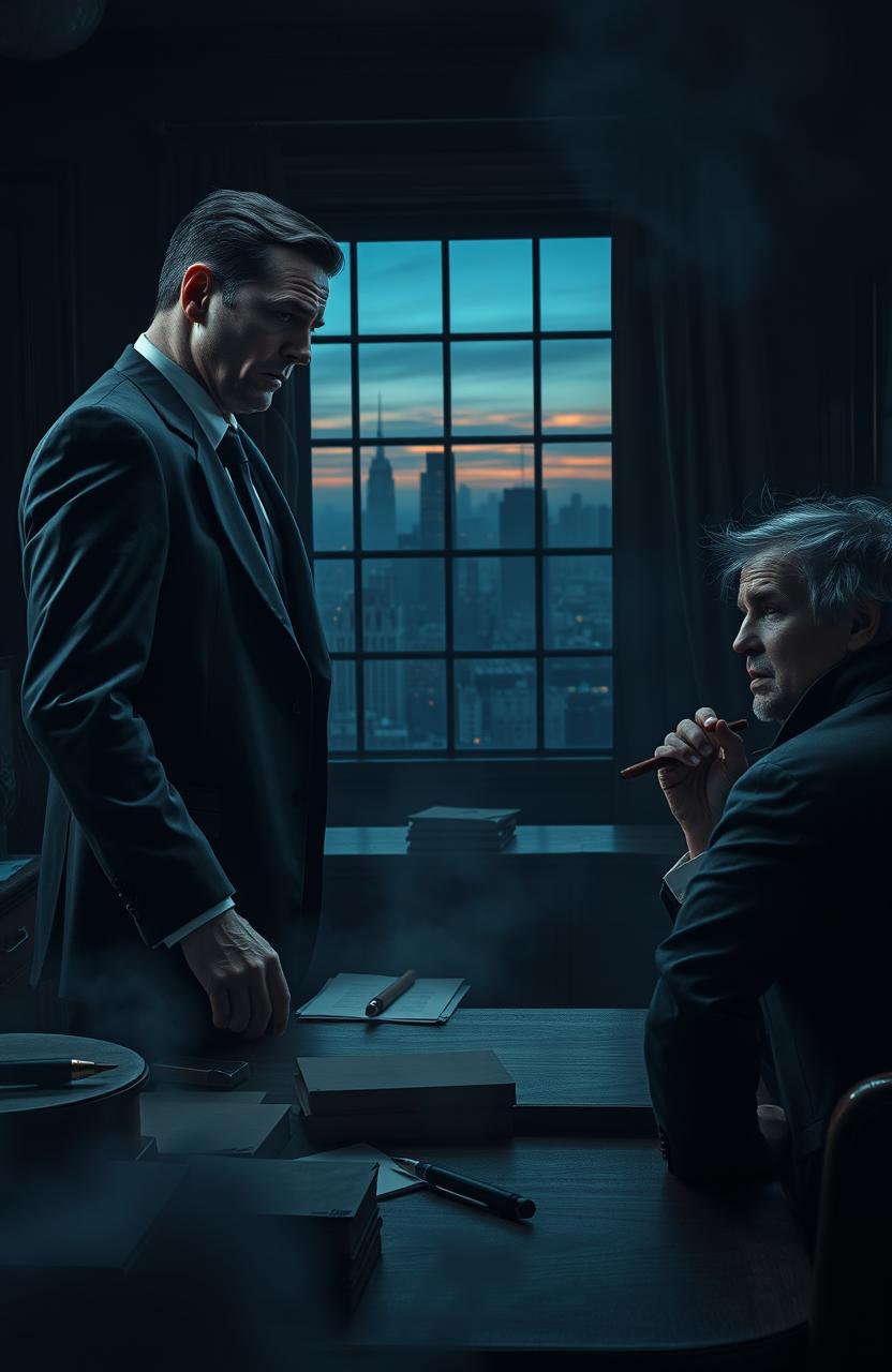 A dramatic scene depicting a dark and tense atmosphere in a dimly lit office where a young woman with striking features is being presented to a powerful mafia boss