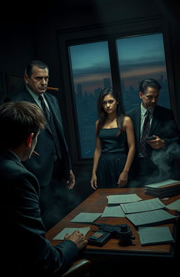 A dramatic scene depicting a dark and tense atmosphere in a dimly lit office where a young woman with striking features is being presented to a powerful mafia boss