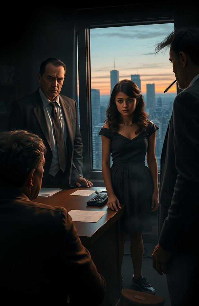 A dramatic scene depicting a dark and tense atmosphere in a dimly lit office where a young woman with striking features is being presented to a powerful mafia boss