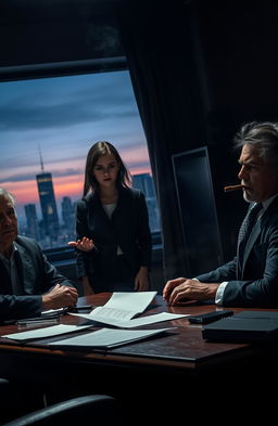A dramatic scene depicting a dark and tense atmosphere in a dimly lit office where a young woman with striking features is being presented to a powerful mafia boss
