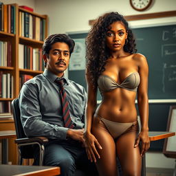 A classroom scene featuring Vicente, a professor, sitting in a chair with dark hair, wearing a dress shirt and a tie