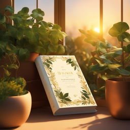 This image depicts a beautifully illustrated book surrounded by lush pot plants and delicate vines, all bathed in the warm glow of golden hour