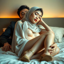 A beautiful thirty-year-old Chinese woman wearing a hijab, topless and gracefully sleeping in front of an attractive man