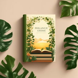 This image depicts a beautifully illustrated book surrounded by lush pot plants and delicate vines, all bathed in the warm glow of golden hour