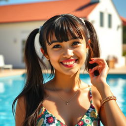 A young cute woman enjoying a sunny day by the pool