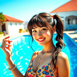 A young cute woman enjoying a sunny day by the pool