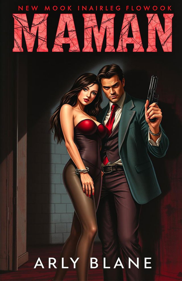 A dramatic and intense book cover illustration featuring a young woman with long dark hair, dressed in a form-fitting, alluring outfit, standing in a dimly lit room