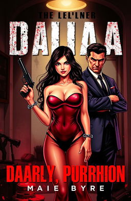 A dramatic and intense book cover illustration featuring a young woman with long dark hair, dressed in a form-fitting, alluring outfit, standing in a dimly lit room