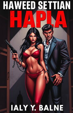 A dramatic and intense book cover illustration featuring a young woman with long dark hair, dressed in a form-fitting, alluring outfit, standing in a dimly lit room