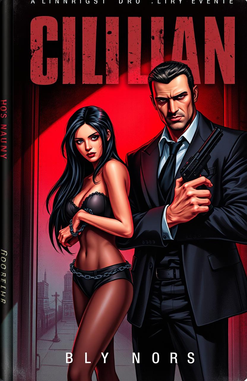 A dramatic and intense book cover illustration featuring a young woman with long dark hair, dressed in a form-fitting, alluring outfit, standing in a dimly lit room