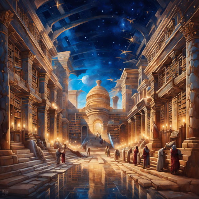 A high-quality, digitally painted image depicting the Great Library of Alexandria at twilight