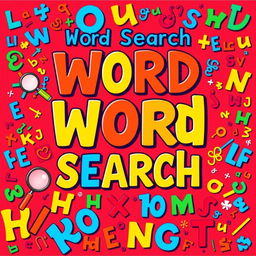 A vibrant and colorful Word Search book cover design, featuring an engaging title at the top in bold, playful typography