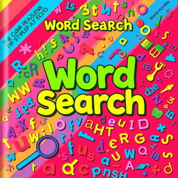 A vibrant and colorful Word Search book cover design, featuring an engaging title at the top in bold, playful typography