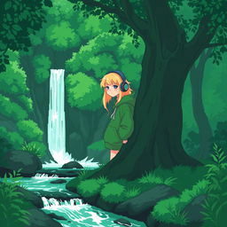 A serene and aesthetic scene featuring a lush green forest with a vibrant waterfall and a gently flowing stream in the foreground