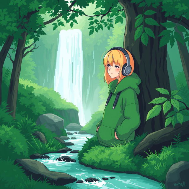 A serene and aesthetic scene featuring a lush green forest with a vibrant waterfall and a gently flowing stream in the foreground