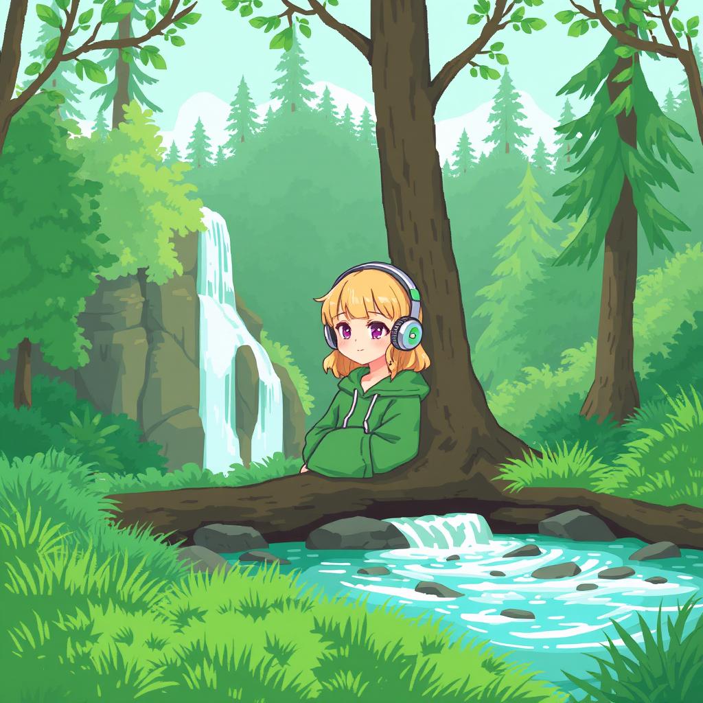 A serene and aesthetic scene featuring a lush green forest with a vibrant waterfall and a gently flowing stream in the foreground