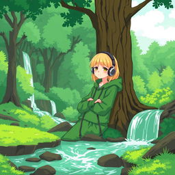A serene and aesthetic scene featuring a lush green forest with a vibrant waterfall and a gently flowing stream in the foreground