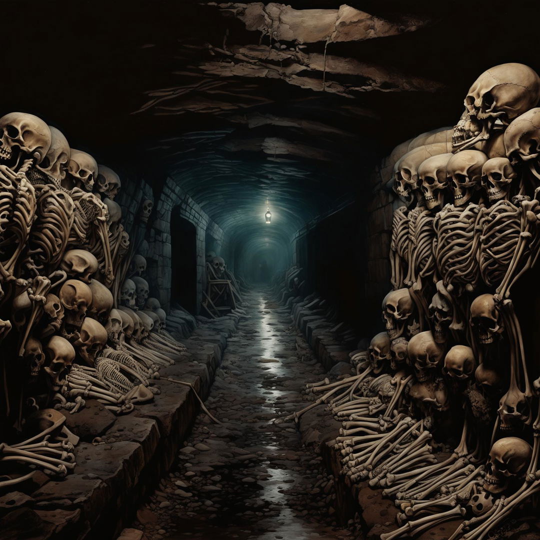 A high-quality digital art depiction of the Paris catacombs