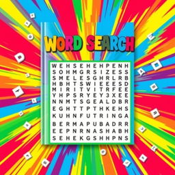 A vibrant and colorful book cover design for a word search book, featuring a bold word search diagram prominently displayed in the center