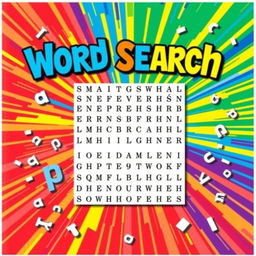 A vibrant and colorful book cover design for a word search book, featuring a bold word search diagram prominently displayed in the center